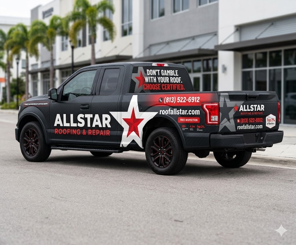 Allstar Roofing & Repair wrapped truck parked on a Tampa Bay street