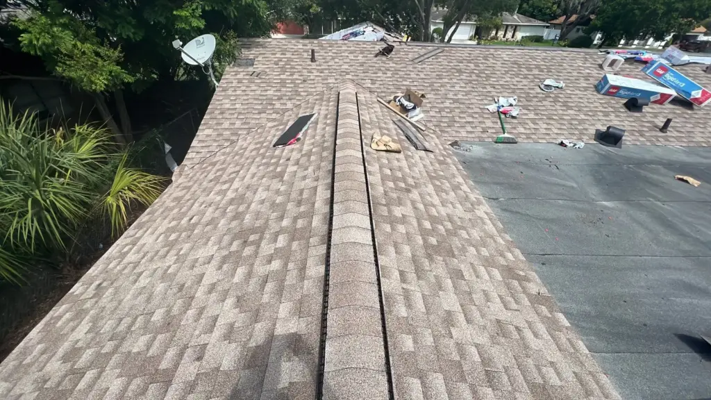 Roof replacement in progress on a Riverview, FL home showing deck exposed