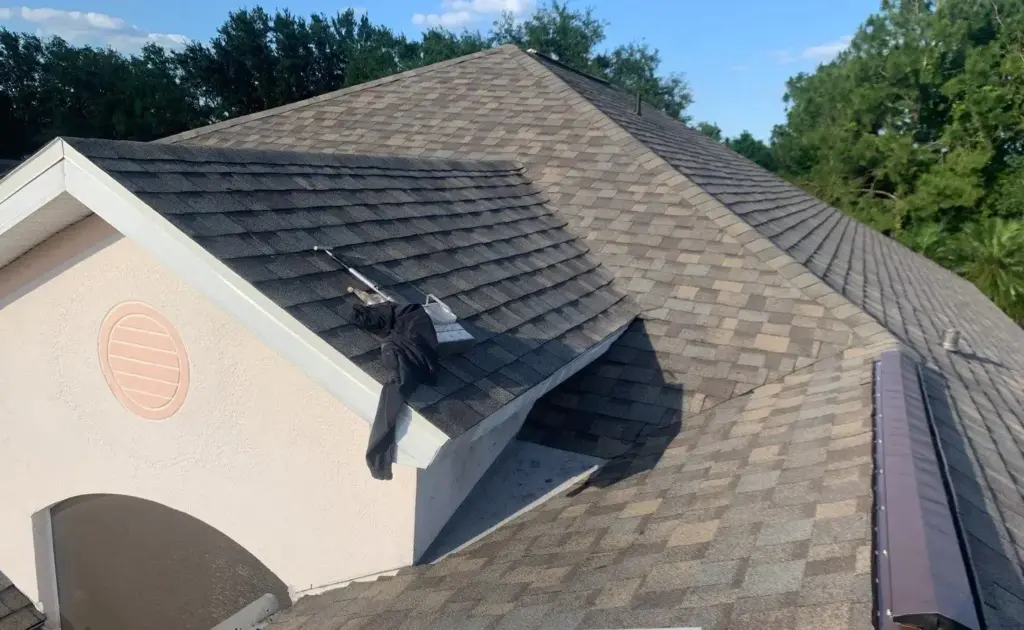 Tear-off in progress during a roof replacement in Hillsborough County