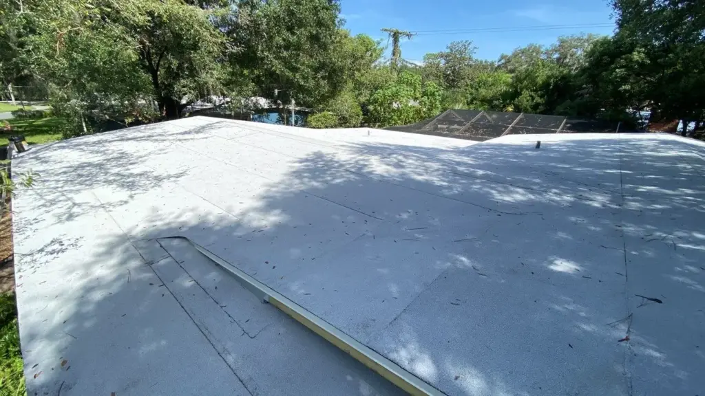 Tear-off in progress during roof replacement in Hillsborough County, FL