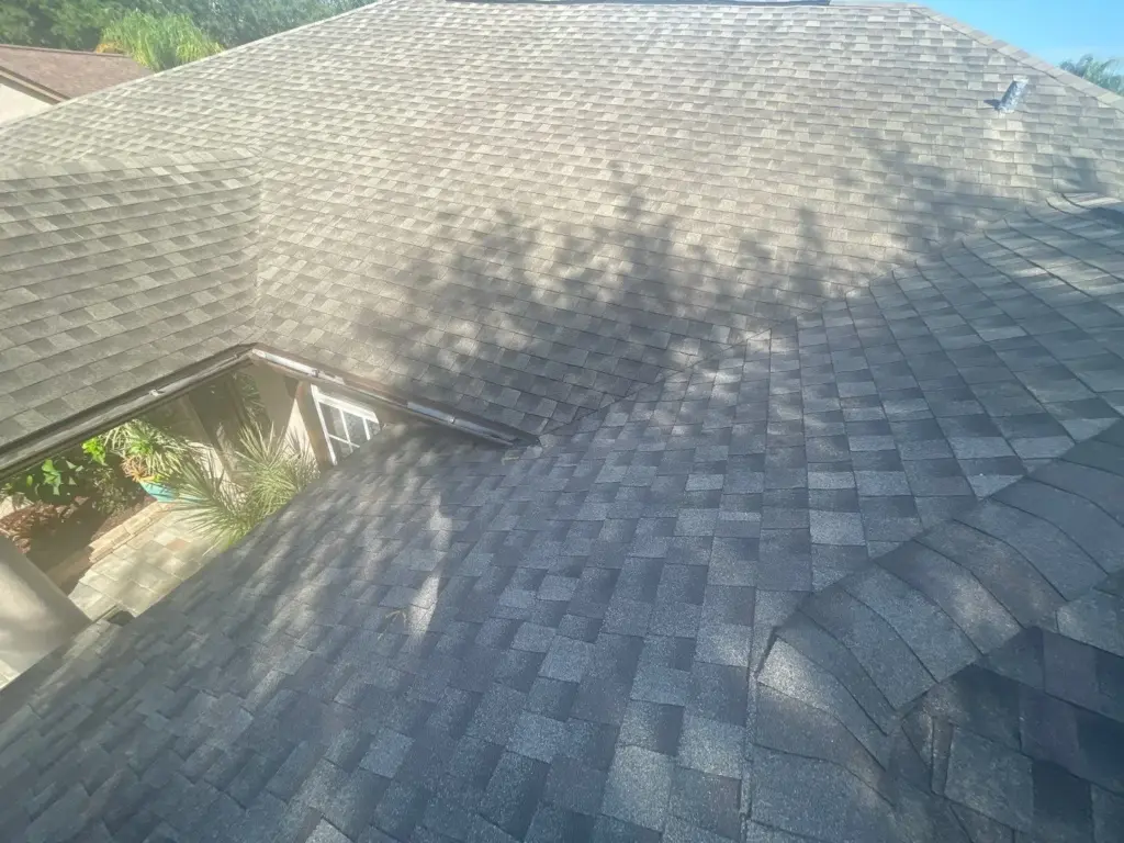 Close-up of roof repair work in progress in Pinellas County