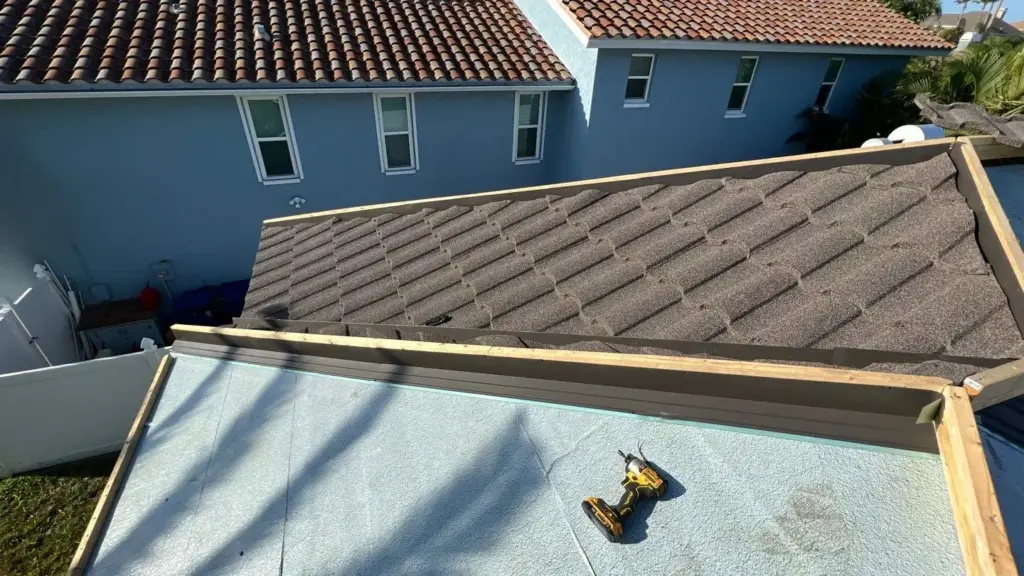 Stone-coated metal roof installation in progress on a St. Petersburg home