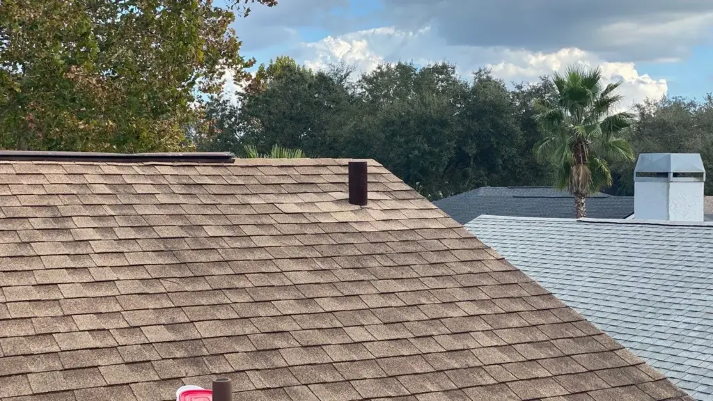 Roof replacement in progress on a Hillsborough County home, decking exposed