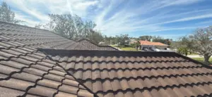 Close-up of stone-coated metal panels installed on a St. Petersburg roof