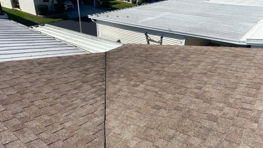 Tear-off in progress during a roof replacement in the Tampa Bay area