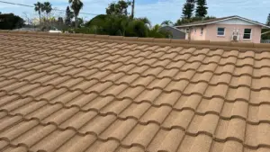 Close-up of finished stone-coated metal roof in St. Petersburg