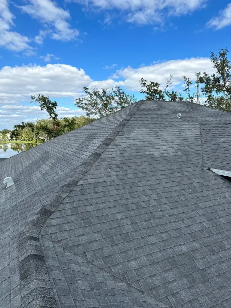 Roof repair crew assessing damaged section on a Riverview home