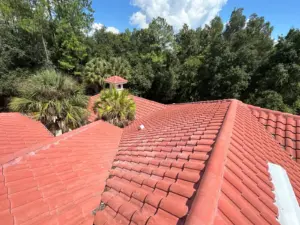 Close-up of tile roofing underlayment and flashing in Lutz, FL